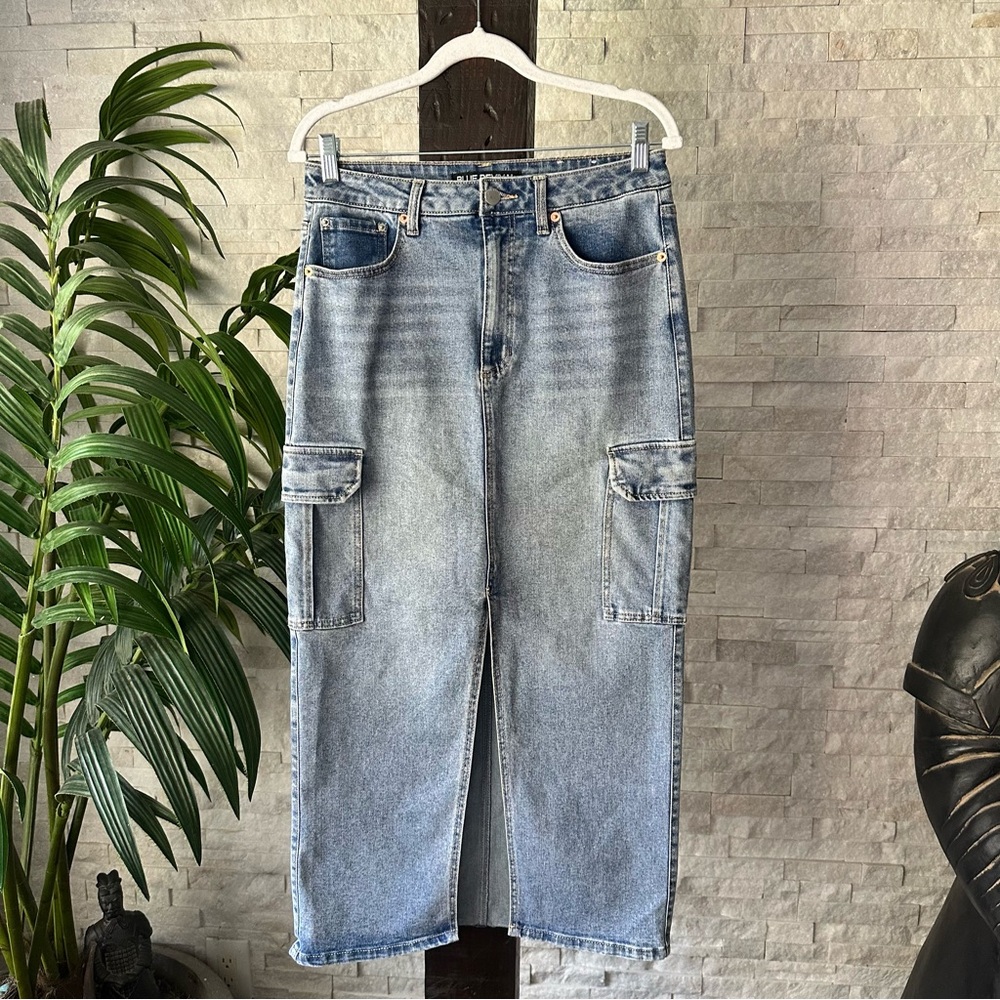 BLUE REVIVAL Denim Blue Jean Cargo MIDI Skirt Size 27